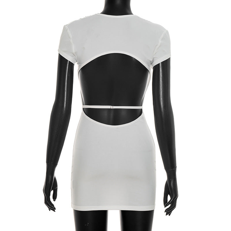Women Clothing Summer Solid Color Casual Short Sleeve Front Cross Back Exposed Hollow Out Cutout Out Short Dress