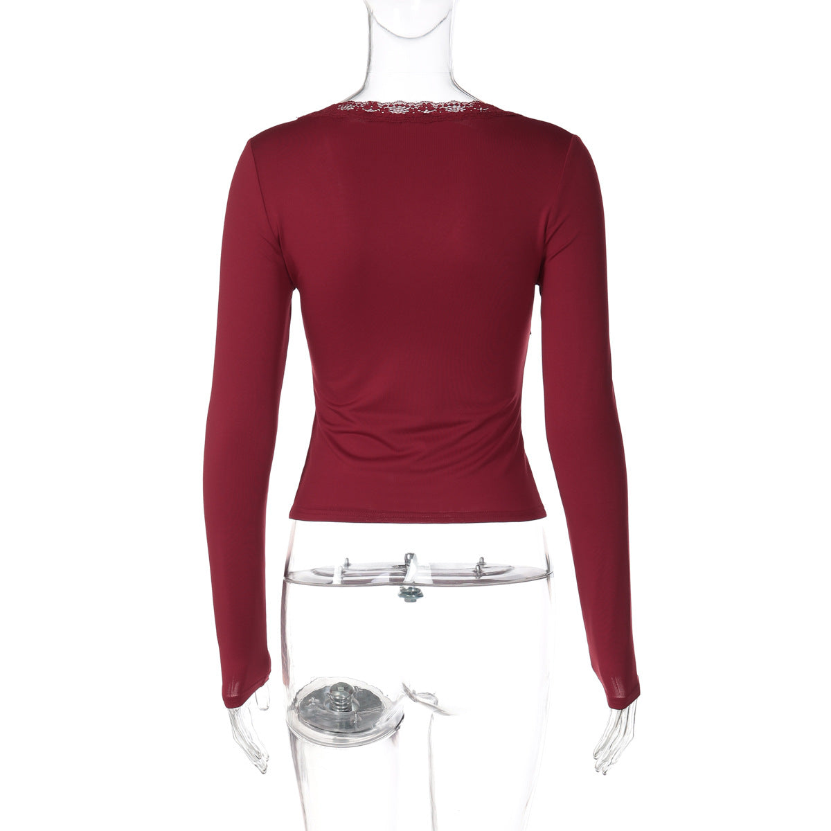 Women Clothing Winter Lace V neck Long Sleeve Top Casual Solid Color Slim Fit T shirt