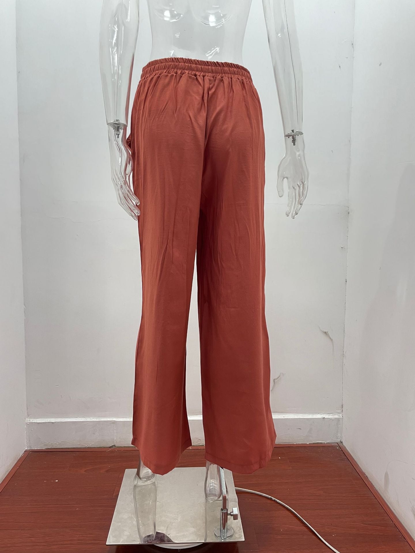 Summer Women High Waist Casual Trousers Solid Color Elastic Waist Lace-up Loose Wide-Leg Pants Women