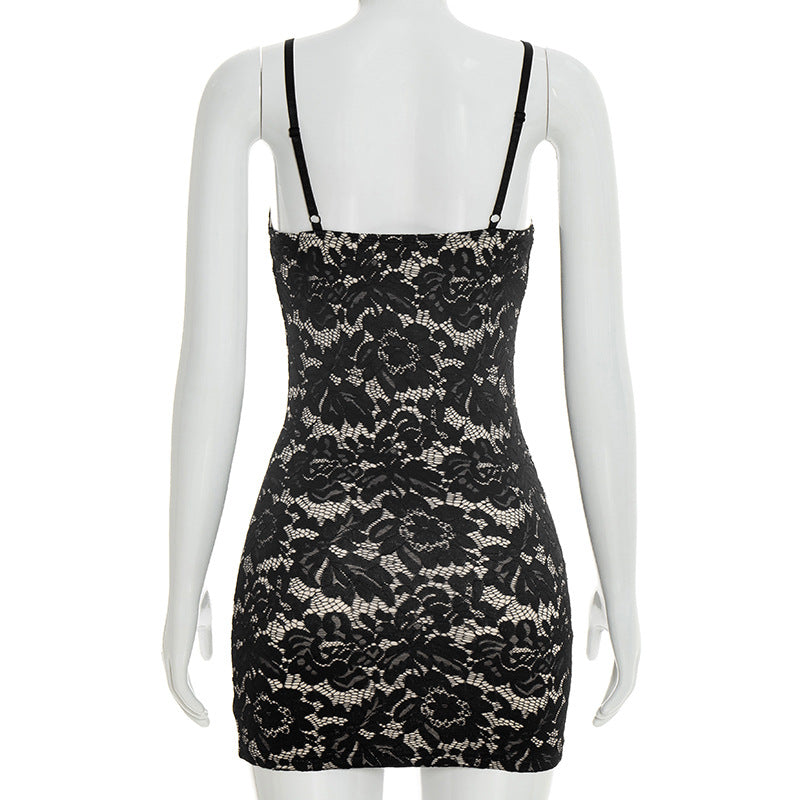Women Clothing Summer Solid Color Sexy Lace Sling Sleeveless Tight Short Dress