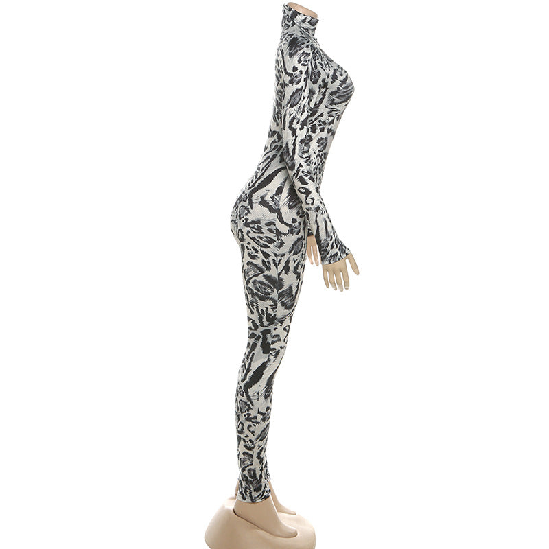 Fall Women Clothing Leopard Print Half Turtleneck Sexy Tight Sexy One Piece Pants