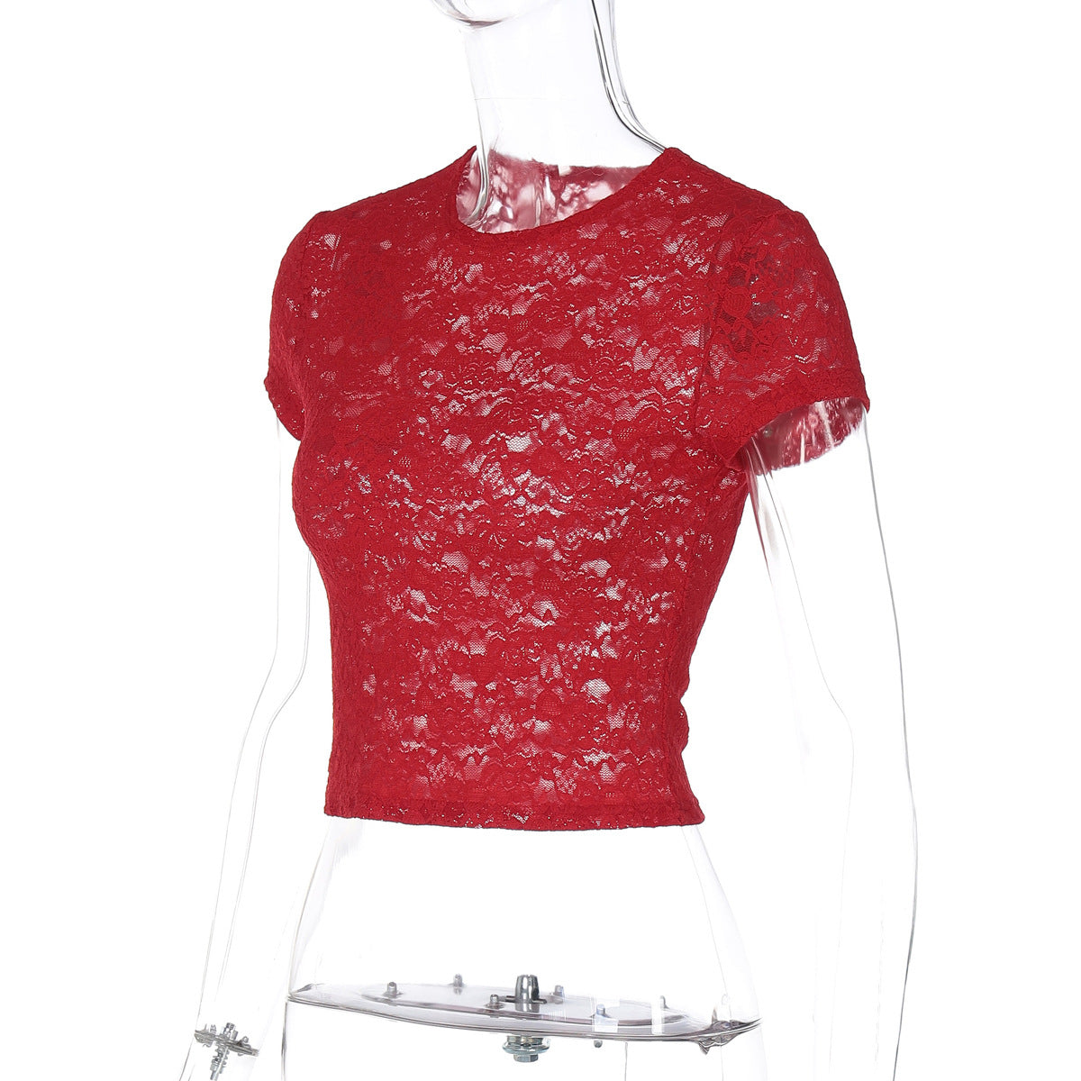 Women Clothing Spring Summer Sexy Lace See through Slim Fit Crew Neck T shirt Top