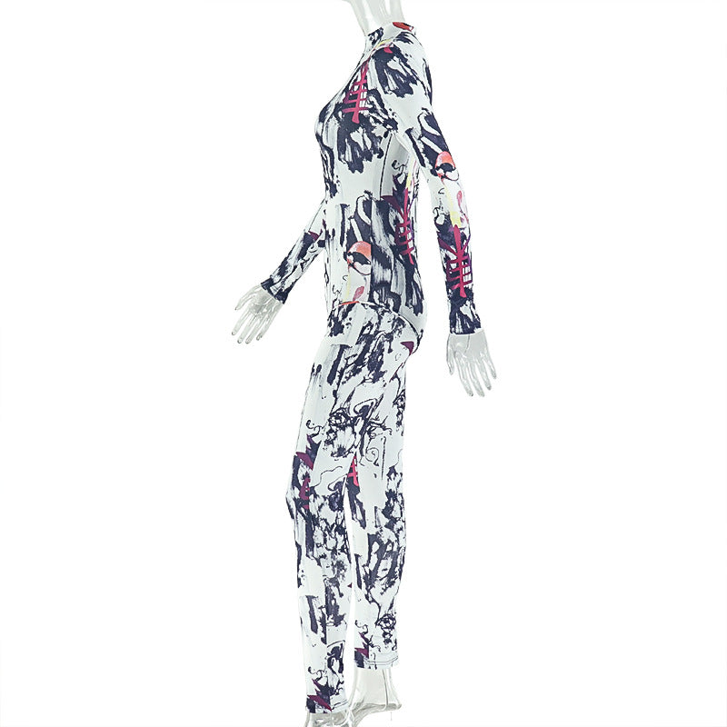 Personality Women Printed Wear Color Matching Tight Jumpsuit Stand Collar Elastic Sheath Long Jumpsuit