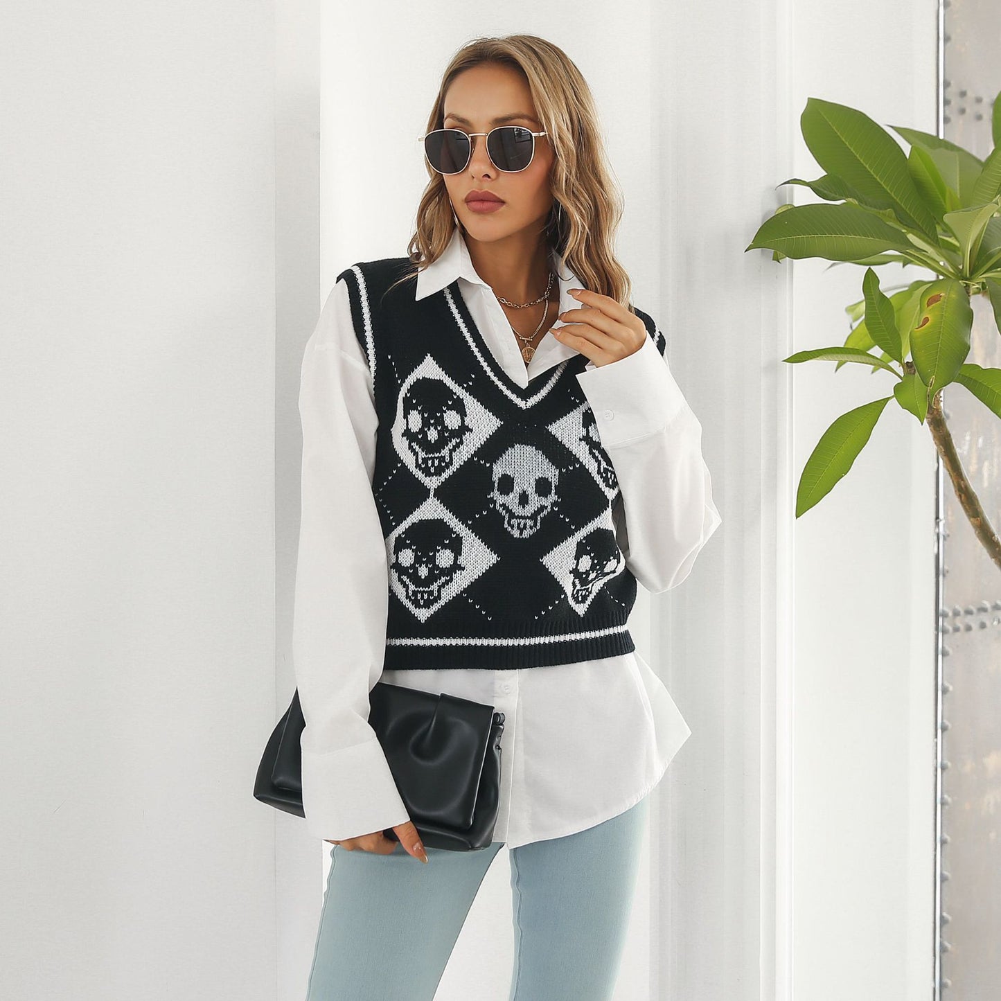 Halloween Skull Jacquard Rhombus Vest Sweater Women Vest Knitwear Autumn Winter