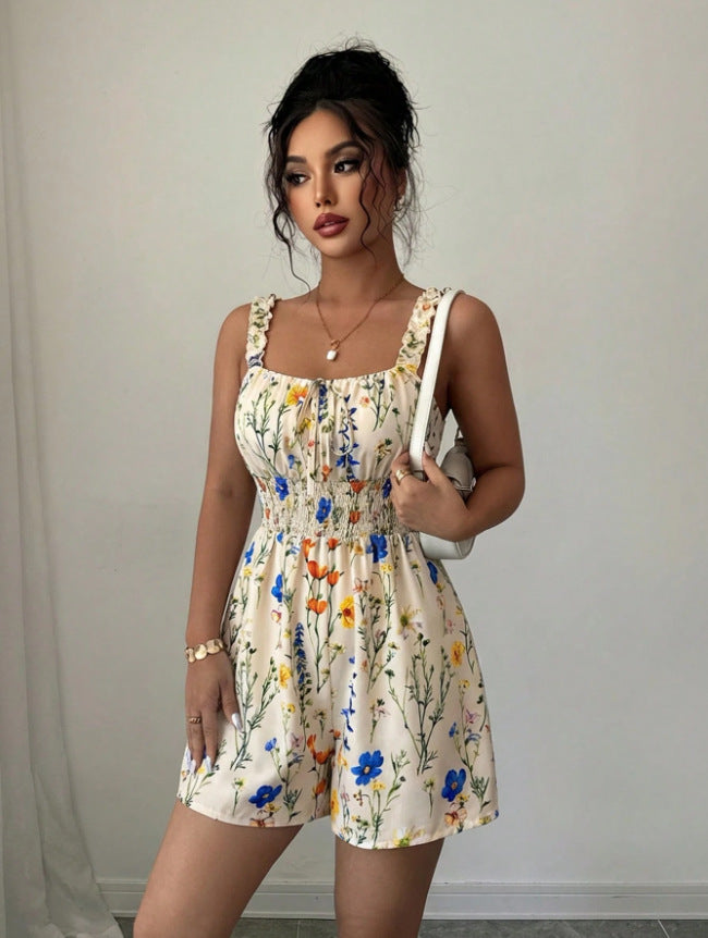 Arrival Floral Jumpsuit Women Summer Waist Slimming Square Collar Shorts Vacation Women Clothing