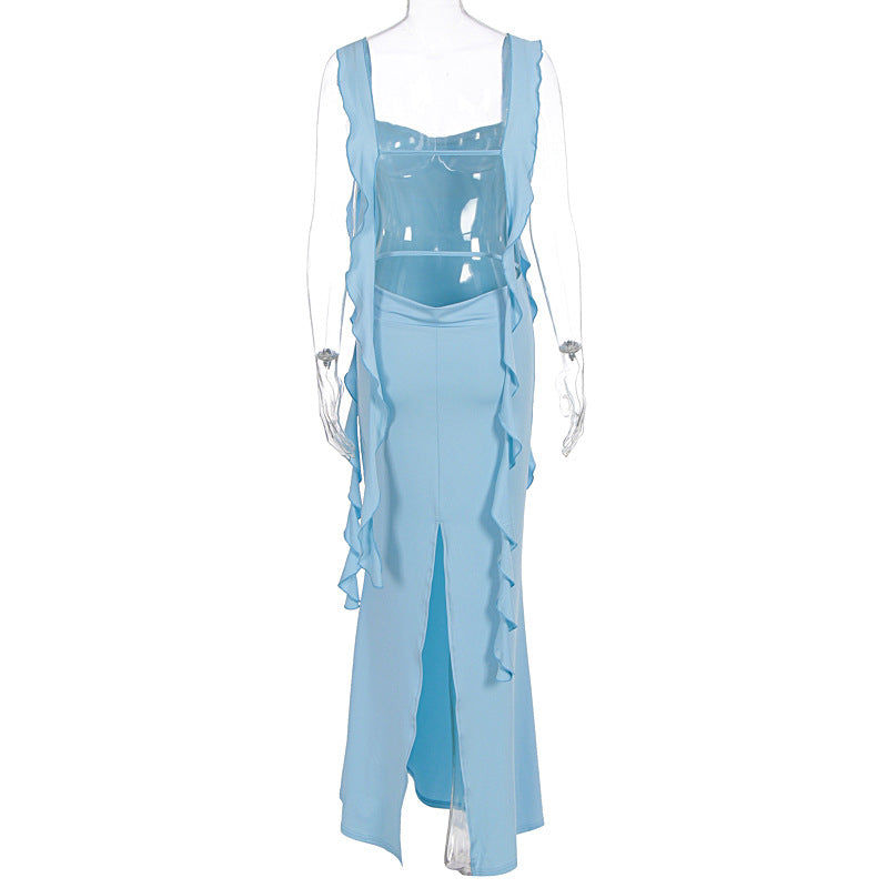 Women Clothing Summer Internet Famous Sexy Suspenders Tube Top Ruffled Ribbon Dress