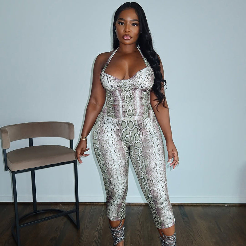 Women Clothing Autumn Winter Elegant Sexy Sleeveless Snake Print Sling Slim Fit Long Conjoined Trousers