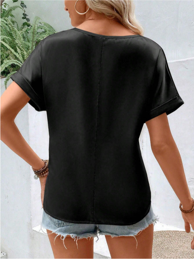 Women Satin V neck Pocket T shirt Curling Short Sleeve Loose Casual Top