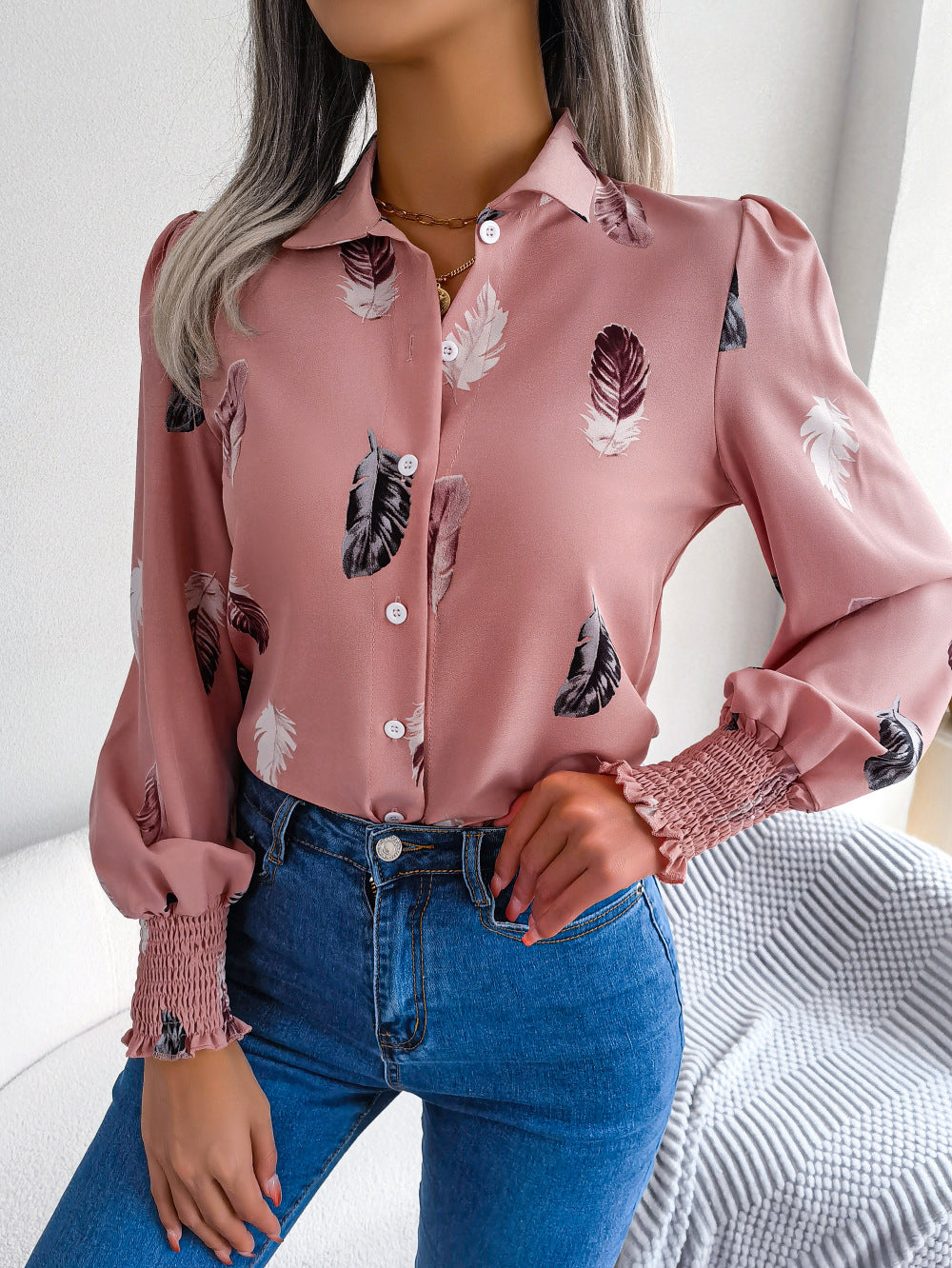 Spring Summer Elegant Feather Lantern Sleeve Collared Shirt Women Clothing