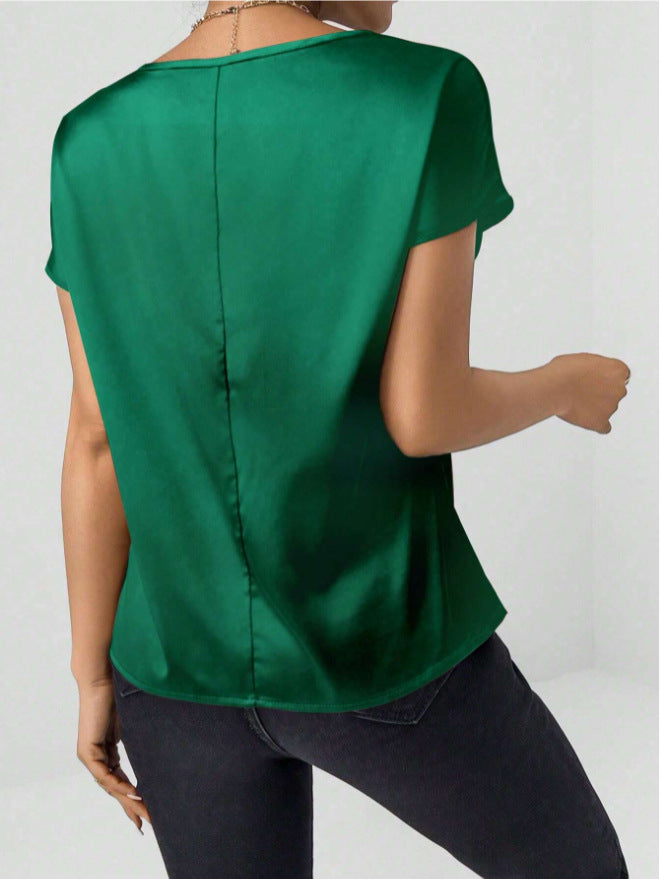 Summer Women Solid Color Casual Top Batwing Sleeve Satin round Neck Artificial Silk Women