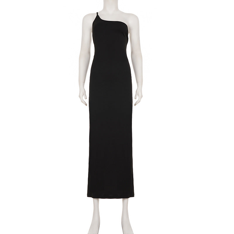 Sexy Lace up Big Back Exposure Dress Design Solid Color One Shoulder Slim Fit Maxi Dress