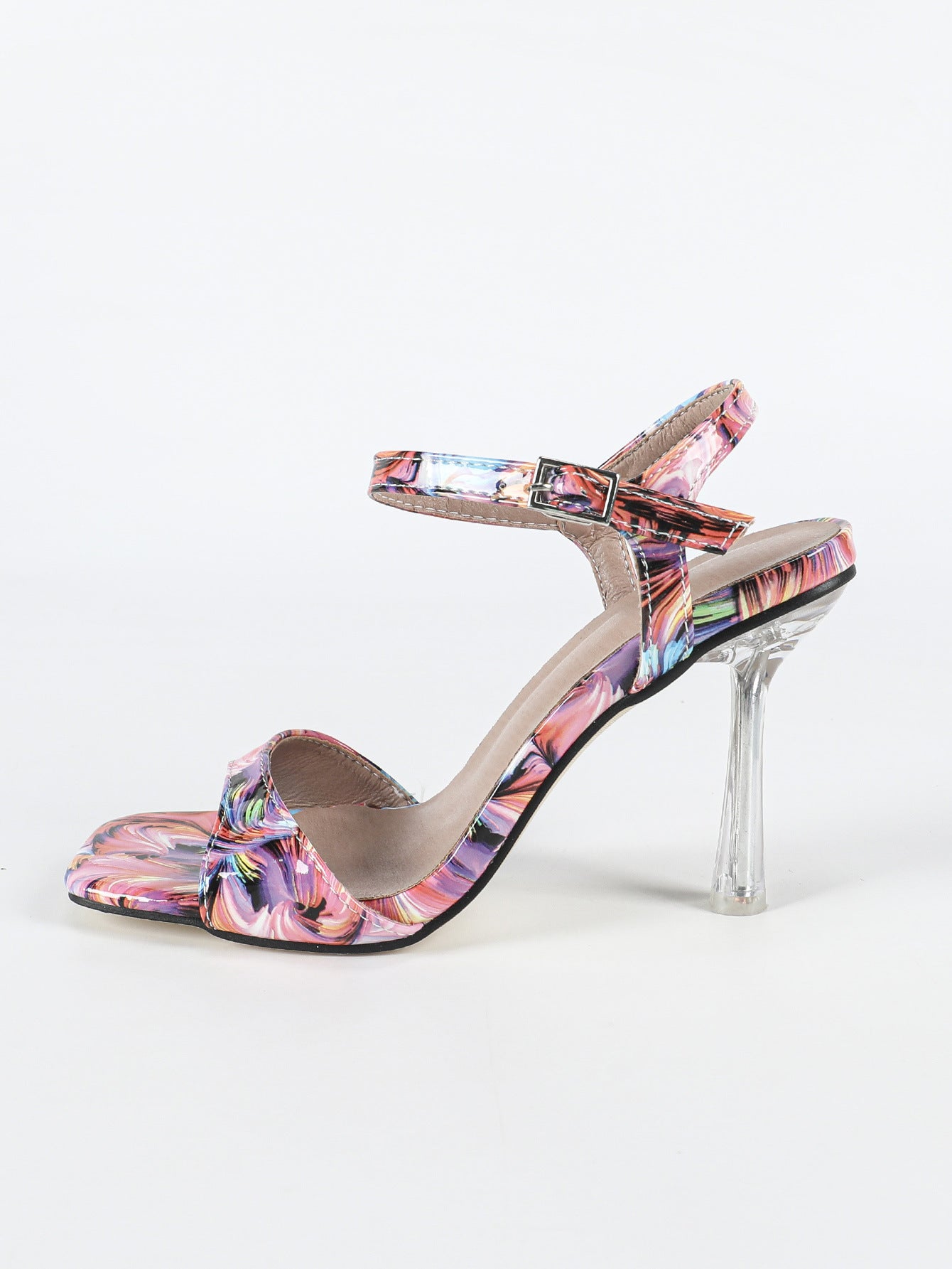 Round Toe High Heel Sandal Slippers Women Summer One Strap Floral Chunky Heel Sandals