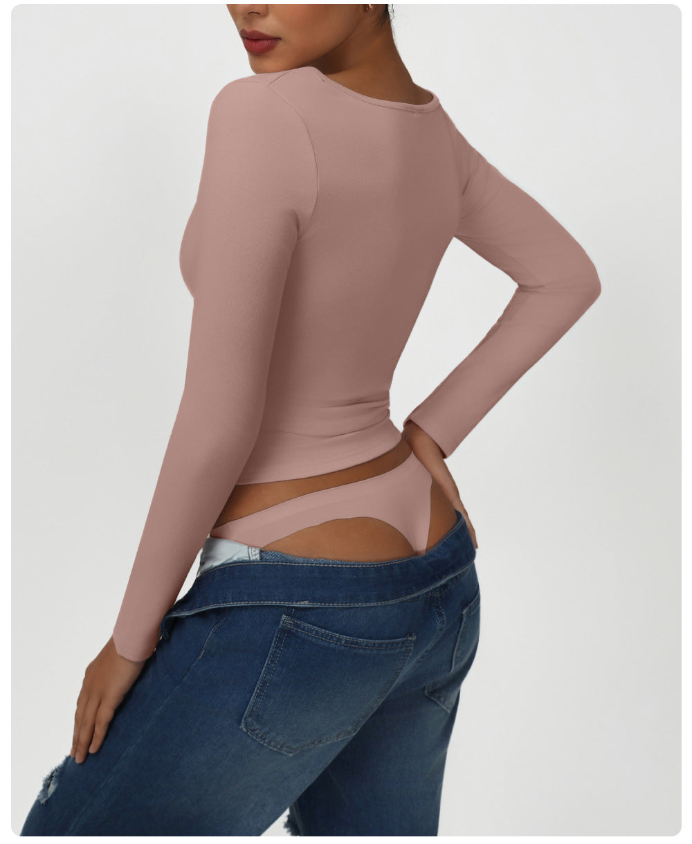 High Elastic Tight T shirt Casual Sports Top Square Collar Sexy Solid Color Long Sleeve Yoga Jacket