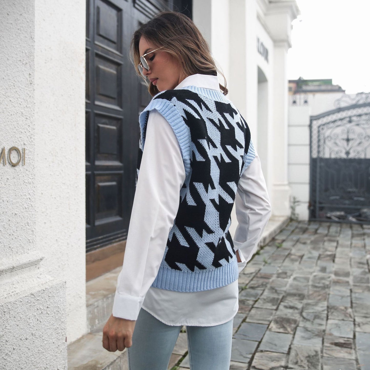 Houndstooth V-neck Vest Sweater Women Vest Outer Wear Inner Wear Autumn Winter Knitwear Sweater Boucle