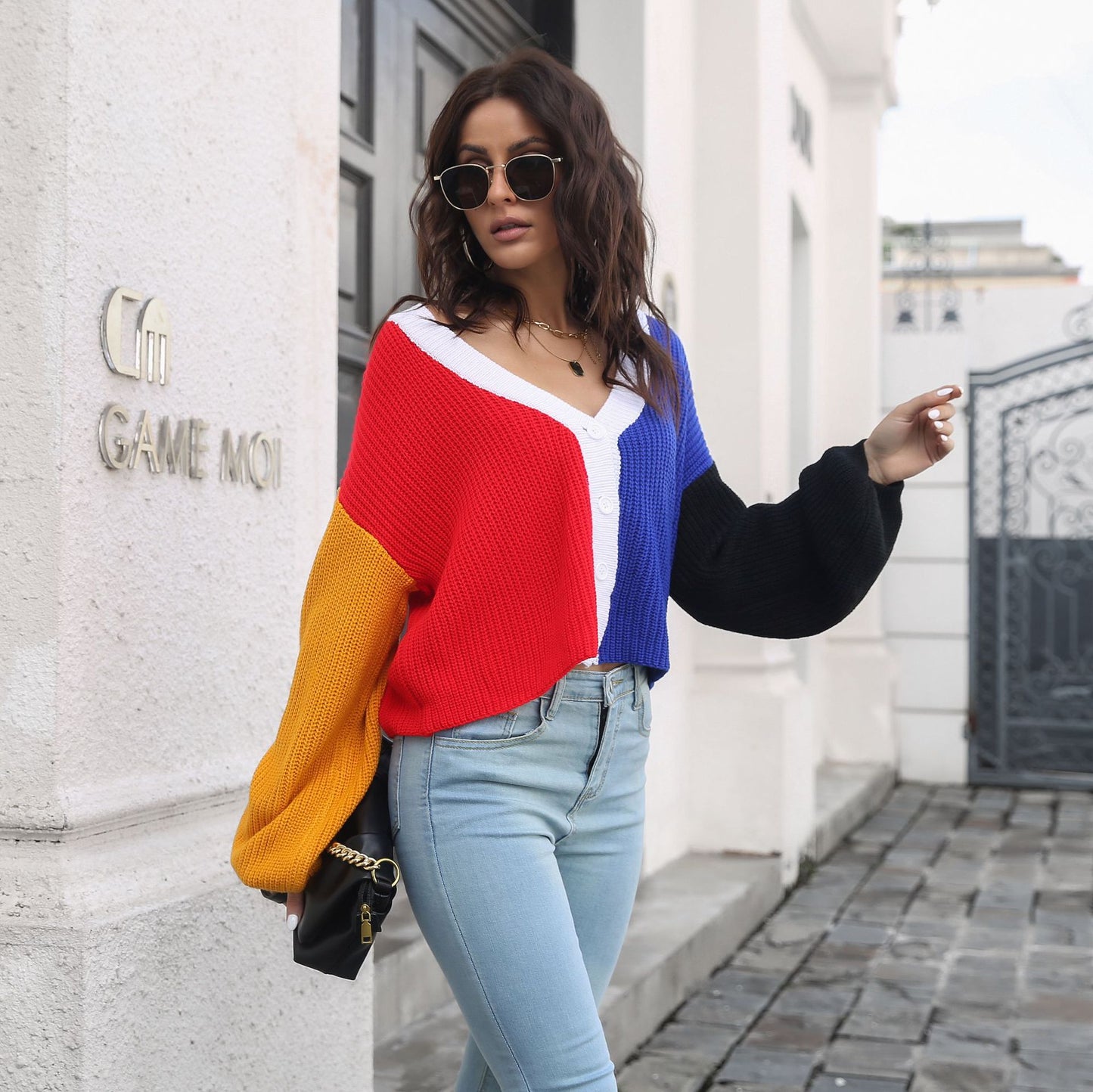 Color Stitching Knitted Cardigan Contrast Color Sweater Women Loose Long Sleeve Short Coat Women Clothing