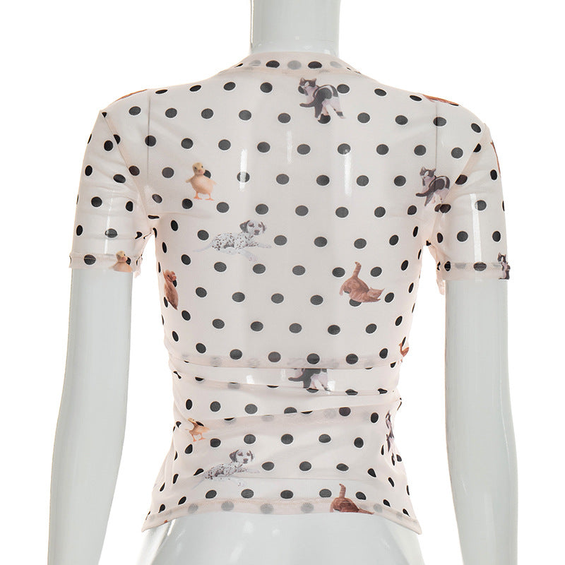 Spring Summer Women Clothing Animal Polka Dot Printed Waist Controlled Short Sleeve Top T shirt