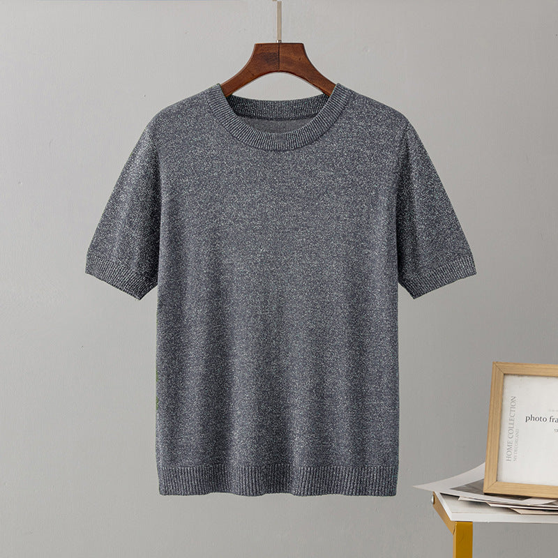 Women Clothing Summer Bright Silk Slim Fit Slimming Short Sleeved Sweater Pullover Top T shirt Bottoming Shirt