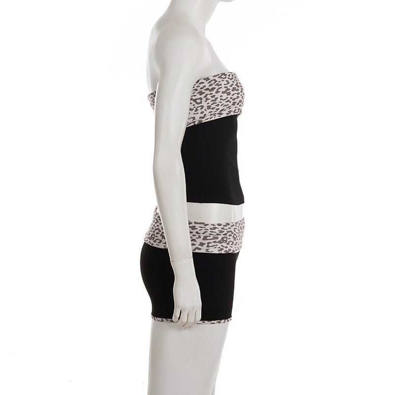 Sexy Women Wear Leopard Splicing Casual Tube Top Shorts Set Slimming Top Hip Boxer Shorts Two Piece Set