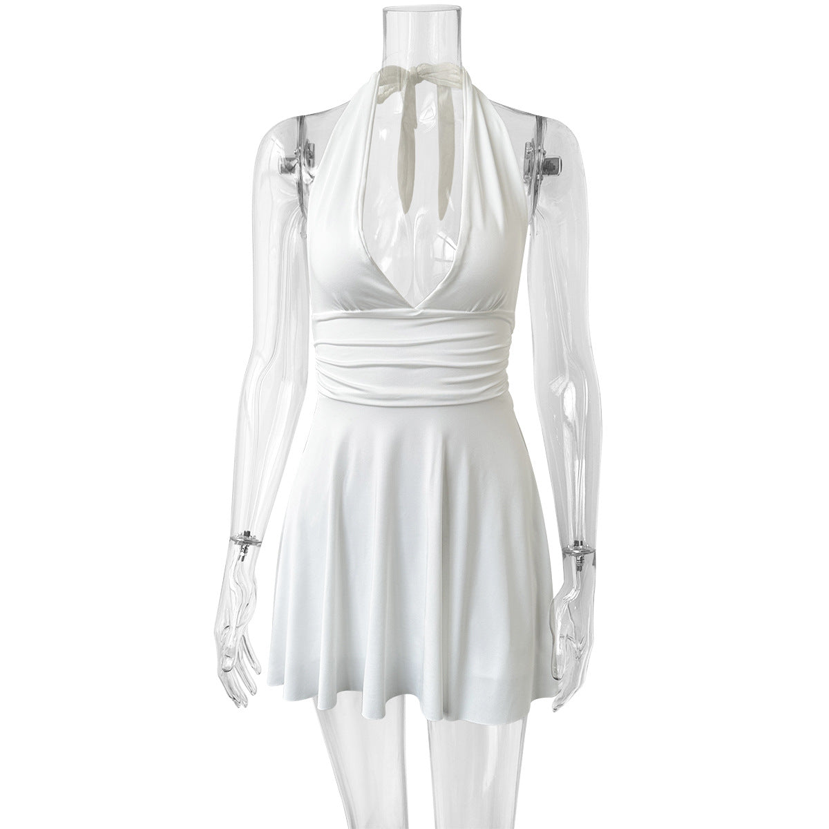 Women Clothing V neck Lace up Tight Pleated Sexy Backless Pleated Tied Dress