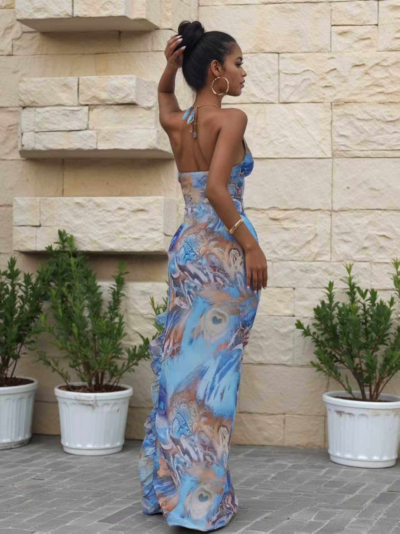 Summer Women Dress Sexy Halter Sleeveless Printed Dress