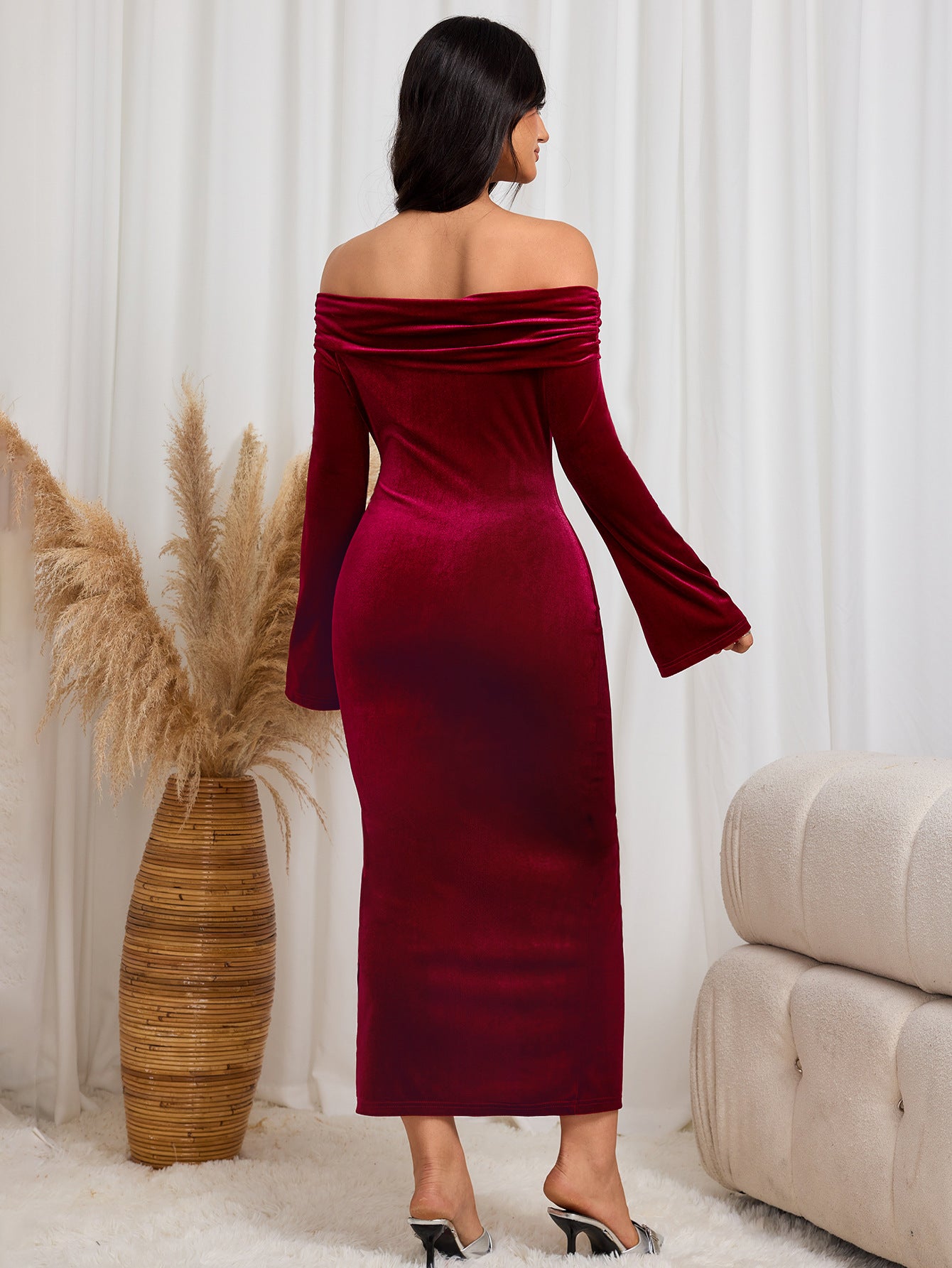 Women Clothing Sexy Socialite Dress Autumn Winter High Grade Burgundy Midi Dress