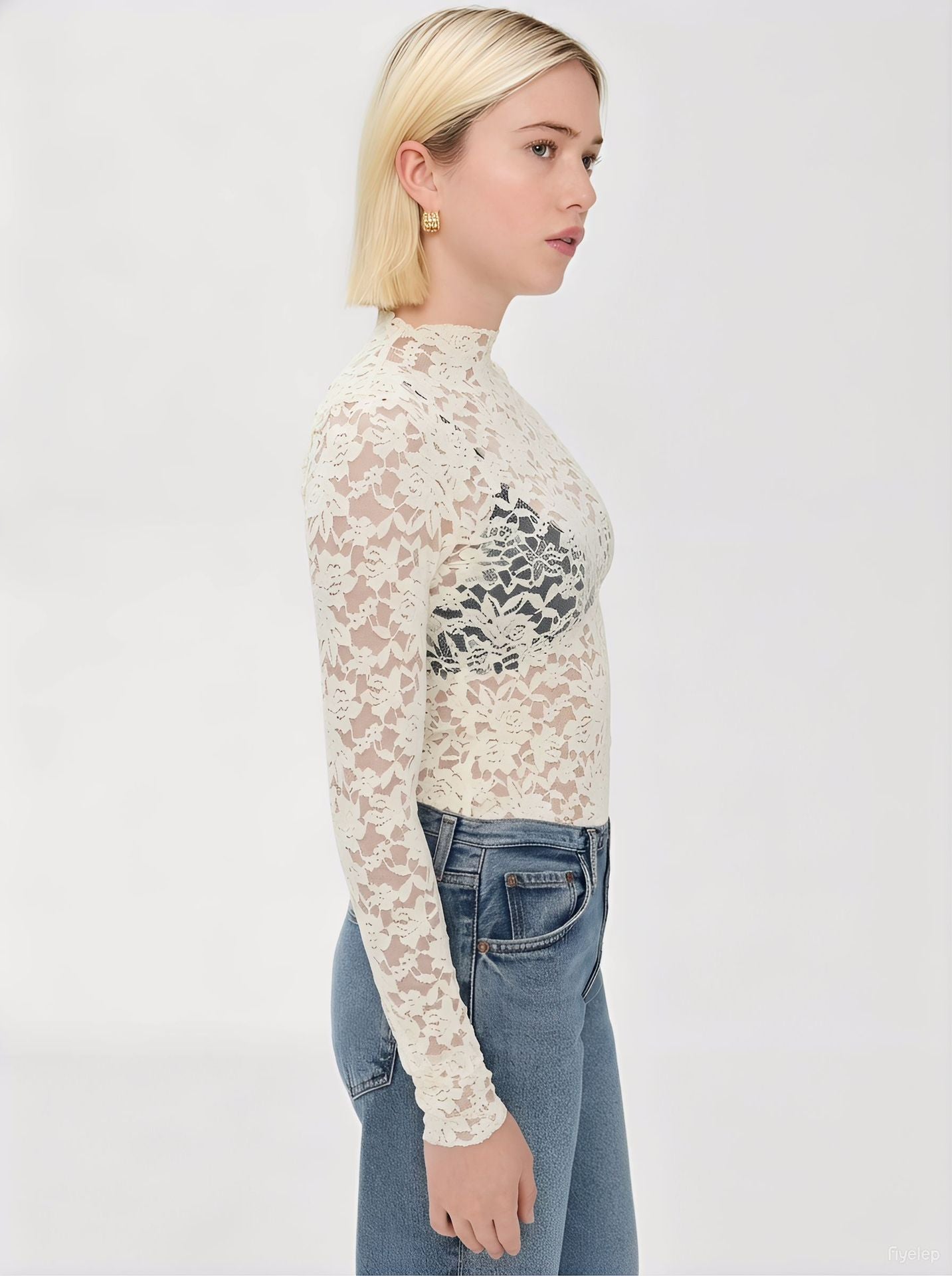 Women Clothing Turtleneck Lace Top Elastic Light Thin Mesh Long Sleeve Bottoming Shirt