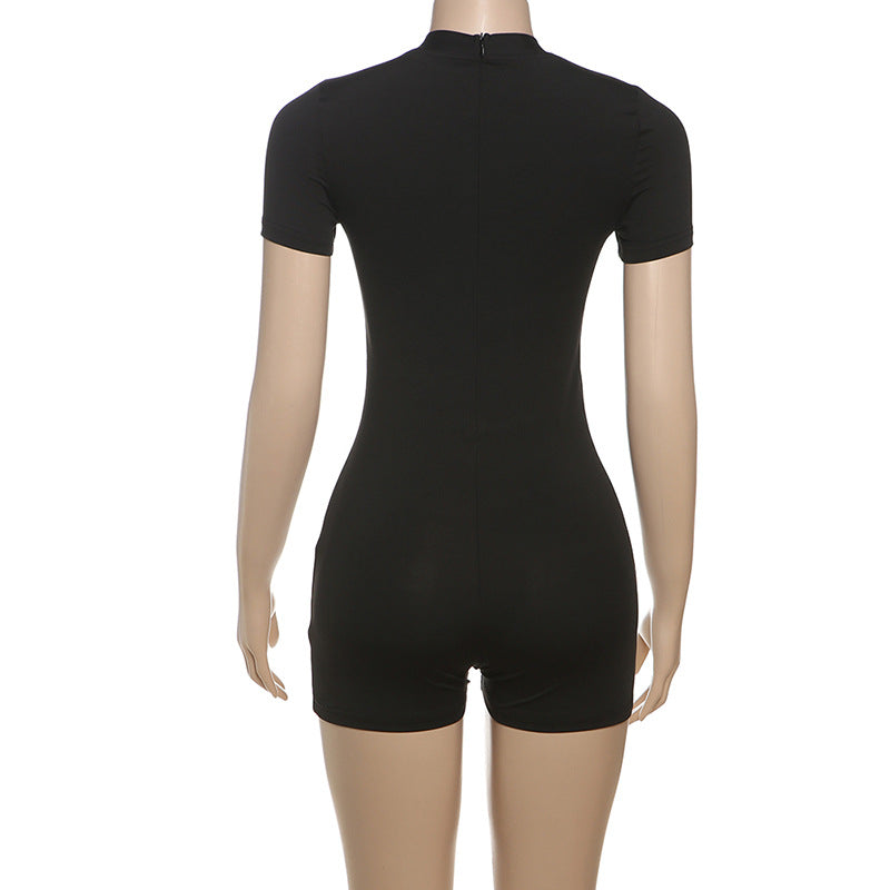 Fall Women Clothing Simple Letter Graphic Print Solid Color round Neck Tight Sports Romper