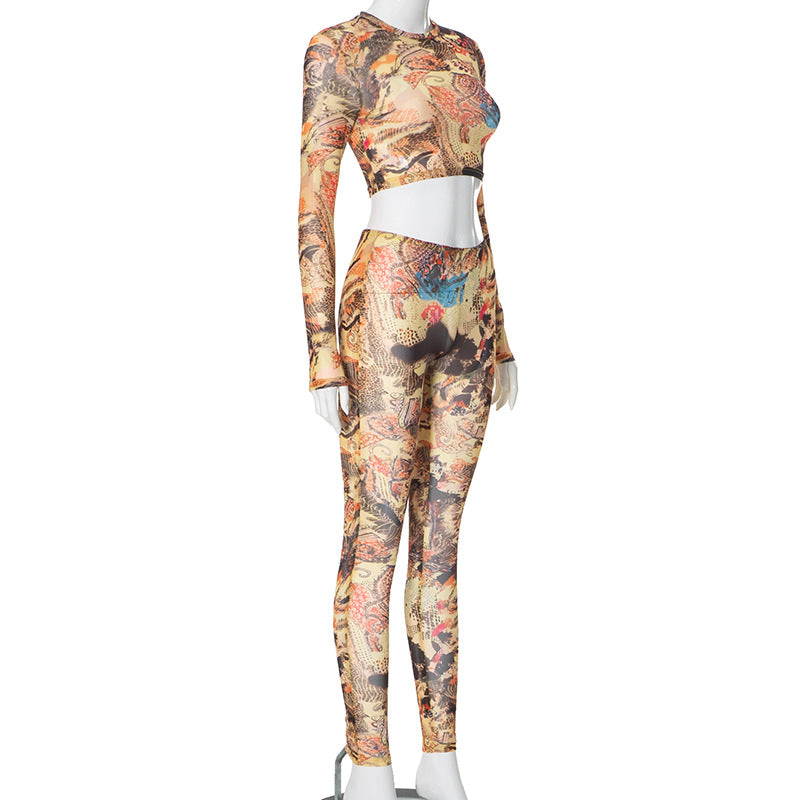 Slim Fit Sexy Printed Mesh See Through Cropped Short Long Sleeve Top Trousers Suit