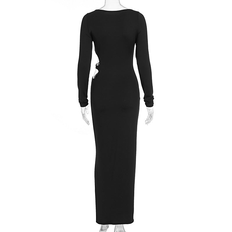 Women Clothing Sexy Hollow Out Cutout round Neck Autumn Long Sleeve Dress