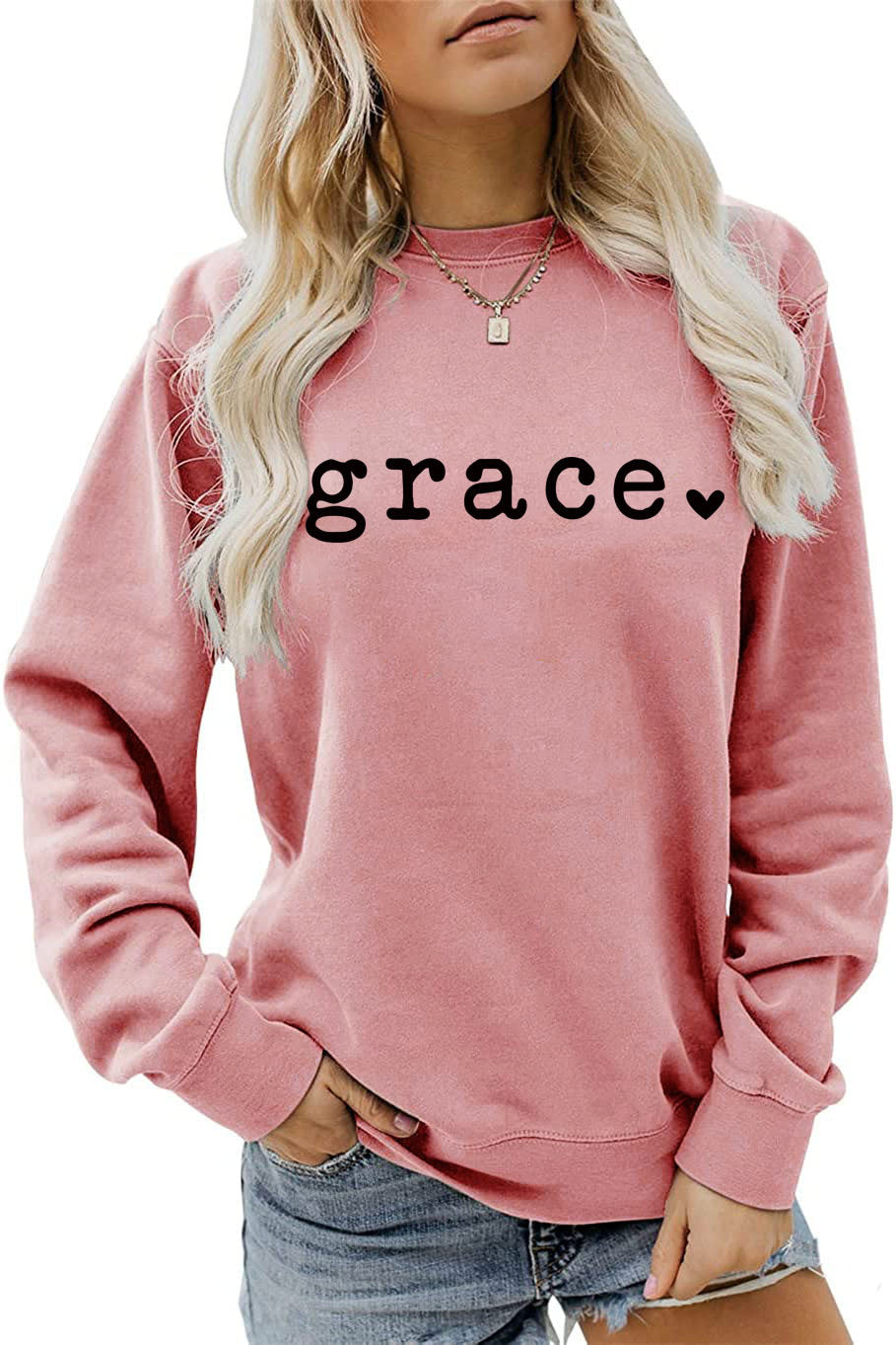 Grace Love Letter Graphic Loose Autumn Winter Bottoming Casual Top Long Sleeve Sweatshirt Women