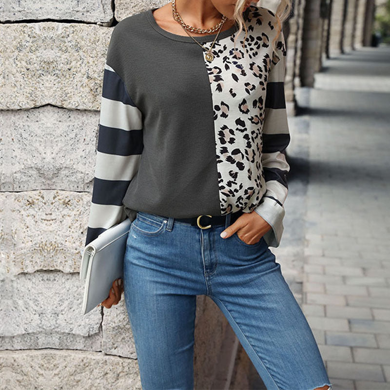 Autumn Winter Women Stitching Long-Sleeved Striped Sweater