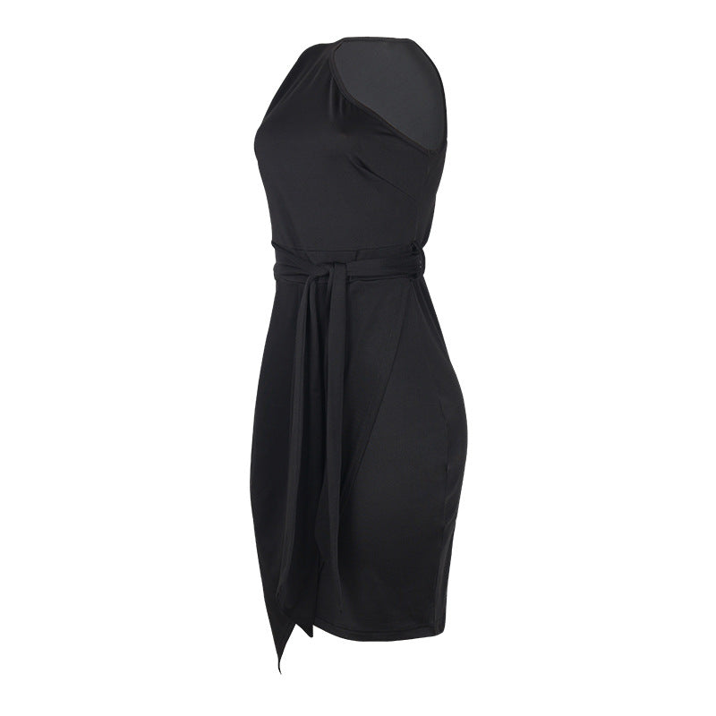 Summer Solid Color Sleeveless Shoulder Irregular Asymmetric Lace-up Party Dress