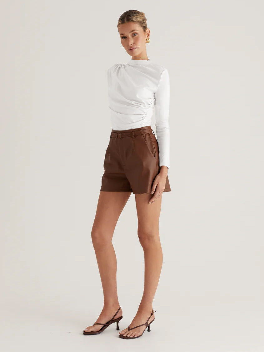 Women Clothing Office Sexy Pleated Small Turtleneck T shirt Sense Tight Long Sleeve Shoulder Solid Color Top