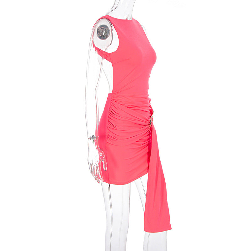 Arrival Women Solid Color Sexy Slim High Waist Backless Metal Decoration Sleeveless Dress