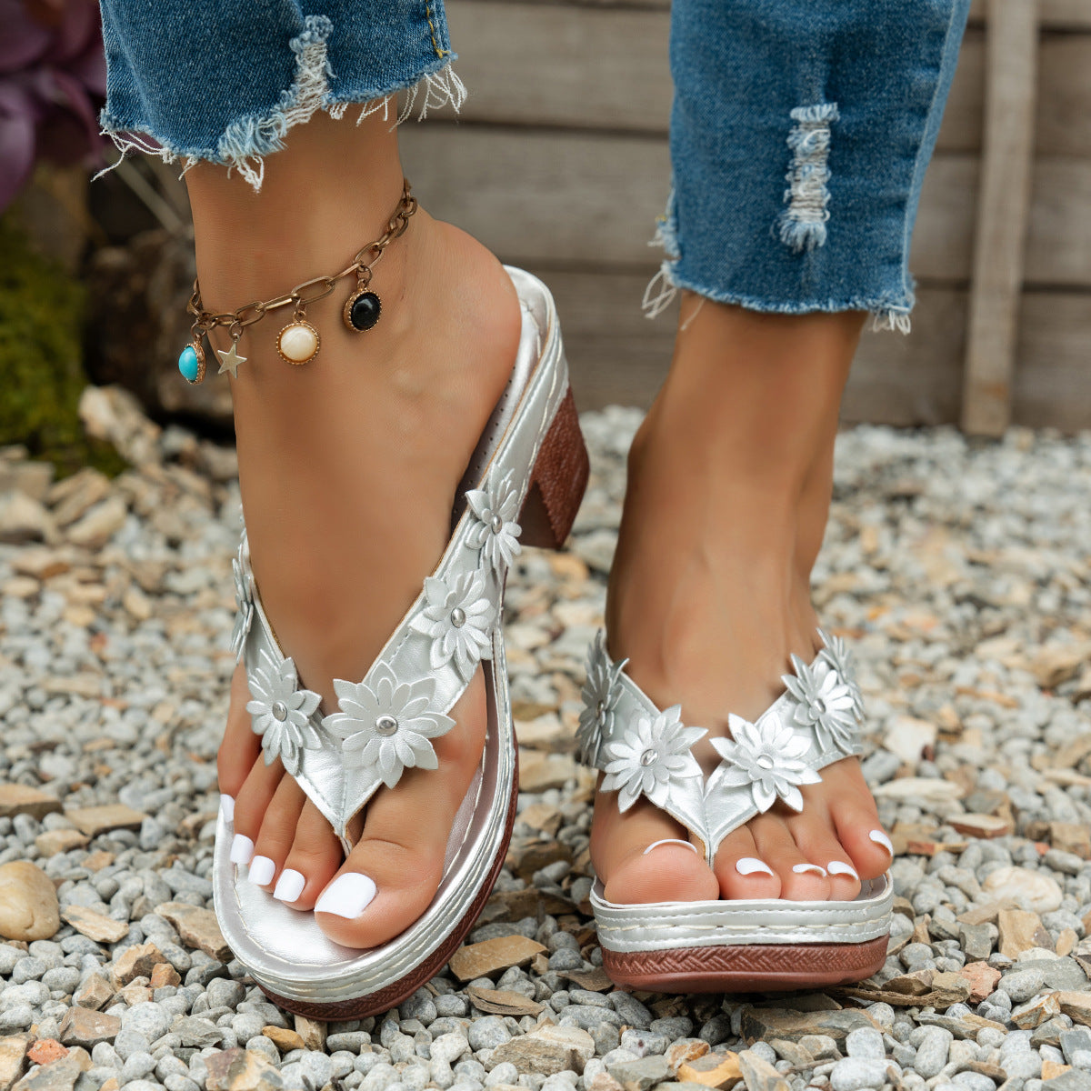 Summer Thick Heel Peep Toe Flip Flops Women Casual Floral High Heel Flip Flops