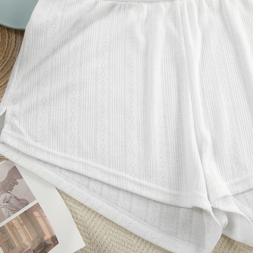 Summer Sexy Knitted Suspender Shorts Ladies Homewear Jacquard White Cool Pajamas Two Piece Set