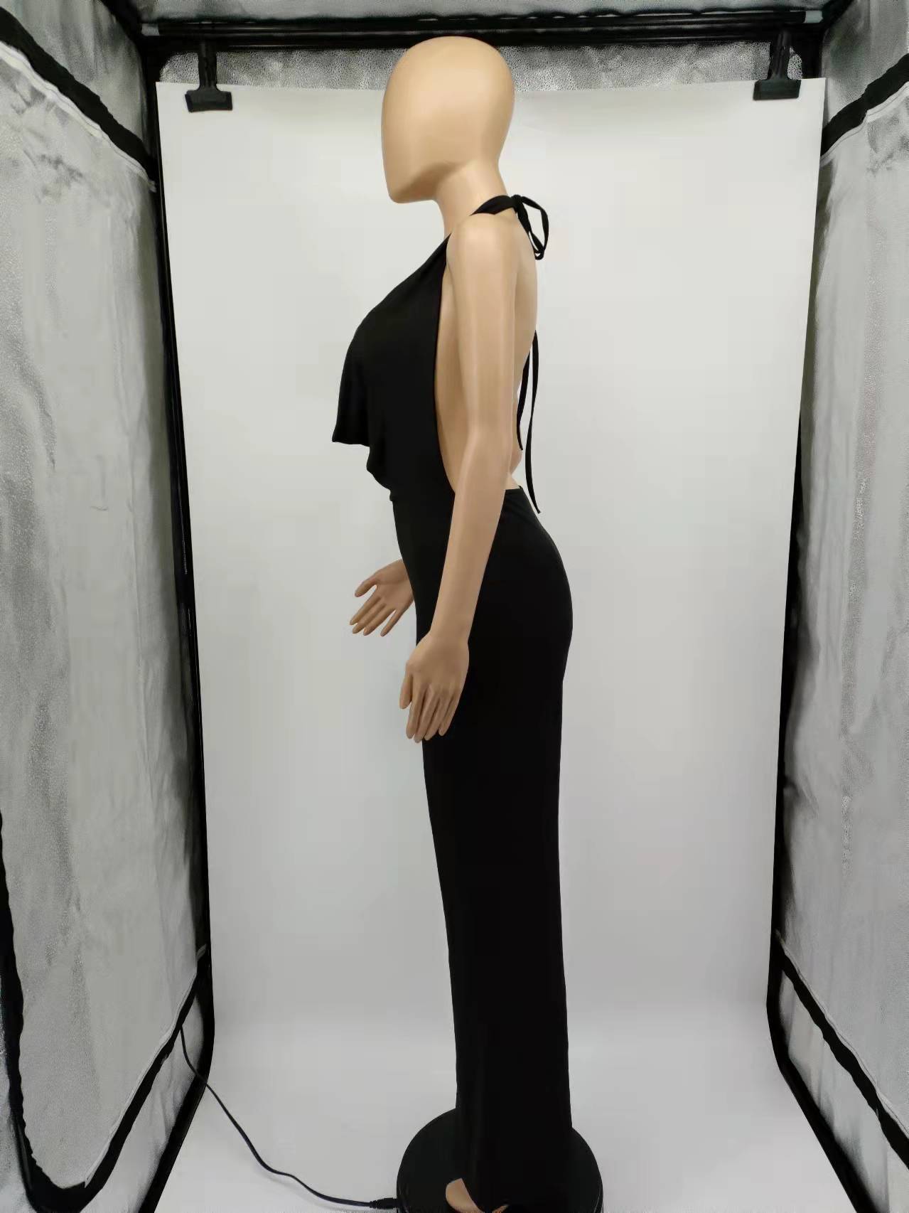 Summer Sexy Women Clothing Deep V Plunge Halter Backless Waist Wide Leg Jumpsuit