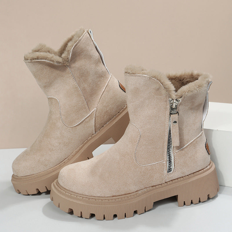 Winter Fleece Lined Short Fur Mouth Snow Boots Women Warm Side Zipper Suede Cotton Boots