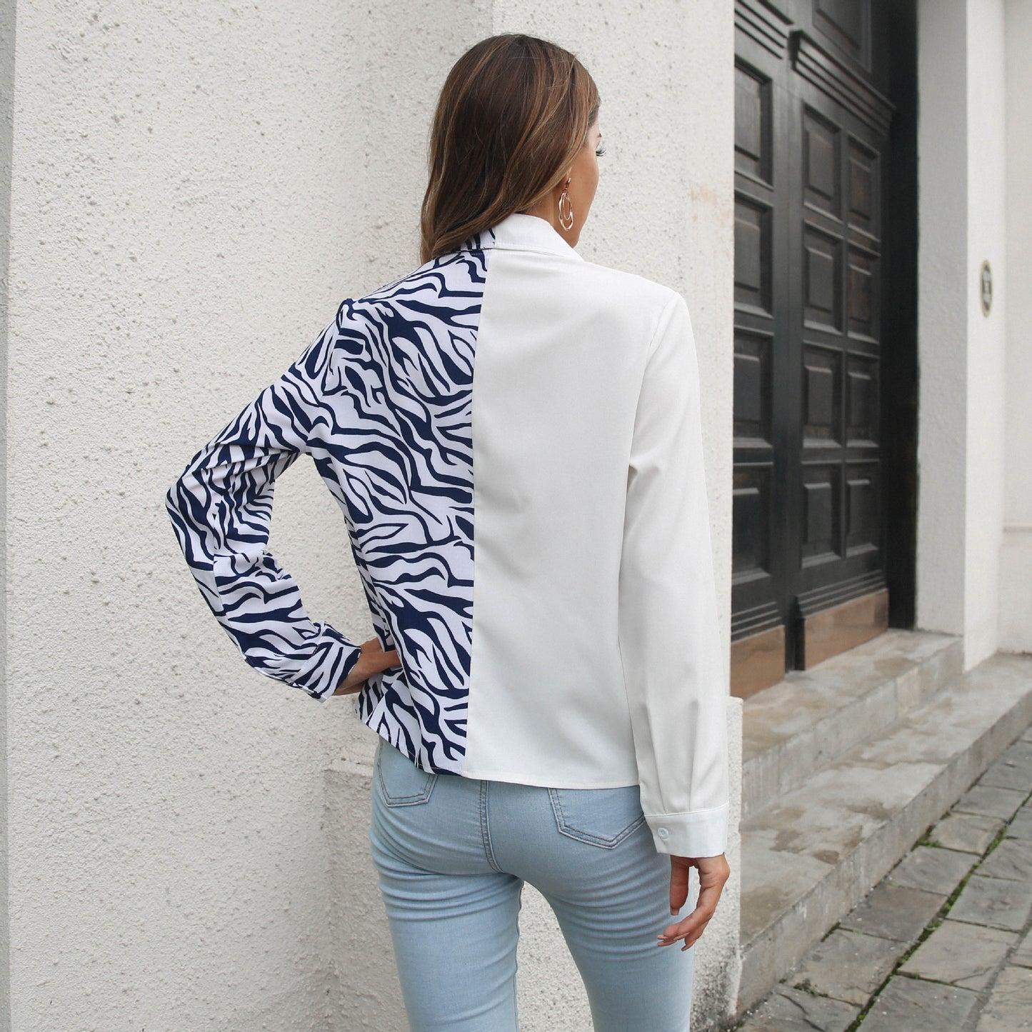 Collar Stitching Long Sleeved Shirt Women Shirt Chiffon Top Spring Autumn Women Clothing