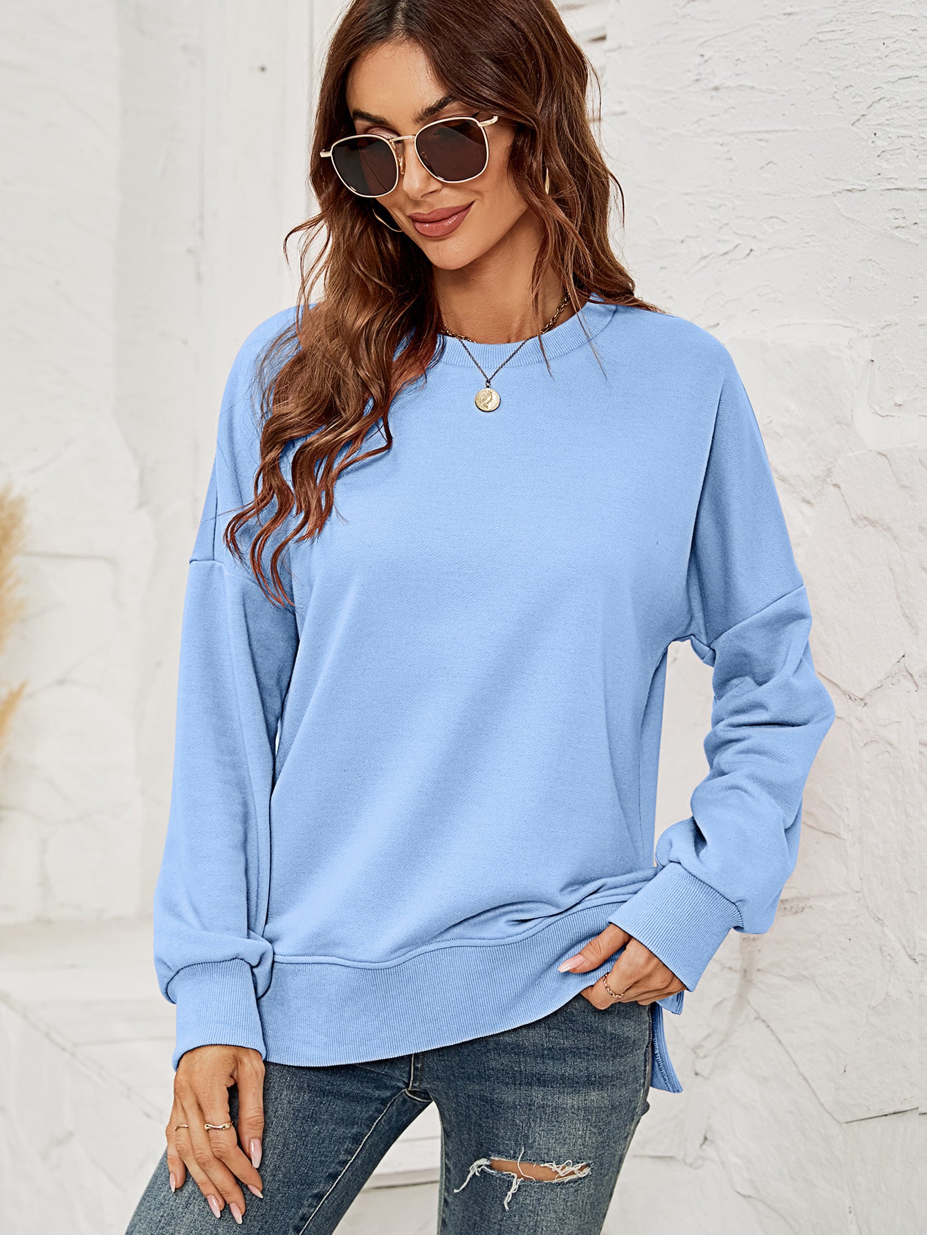 Women Clothing Autumn Winter Sweatshirt round Neck Long Sleeve Split Pullover for Women