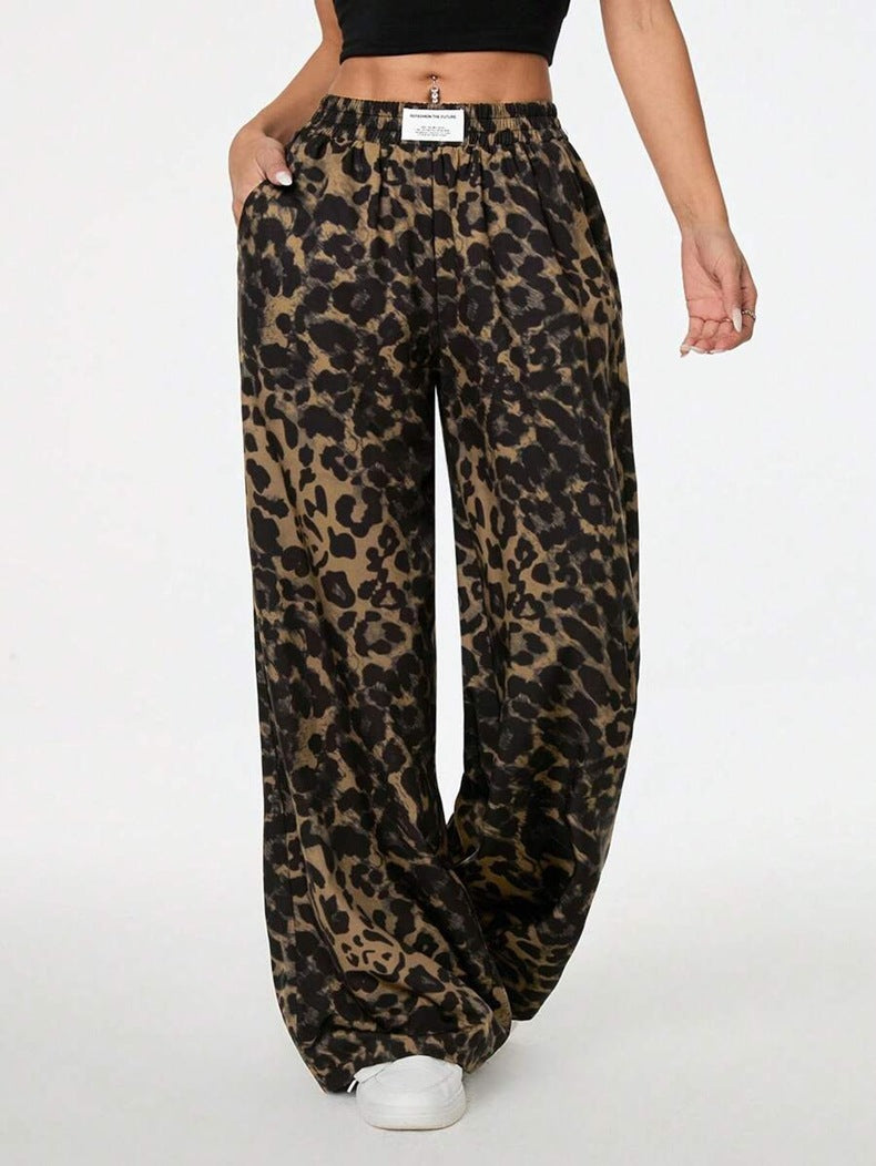 Women Winter Leopard Print Casual Pants Loose Elastic Waist Printed Wide Leg Trousers