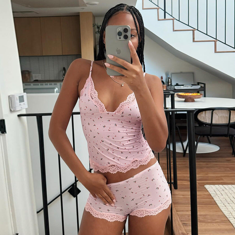 Casual Homewear Small Floral Lace Sexy Camisole Shorts Pajamas Two Piece Set