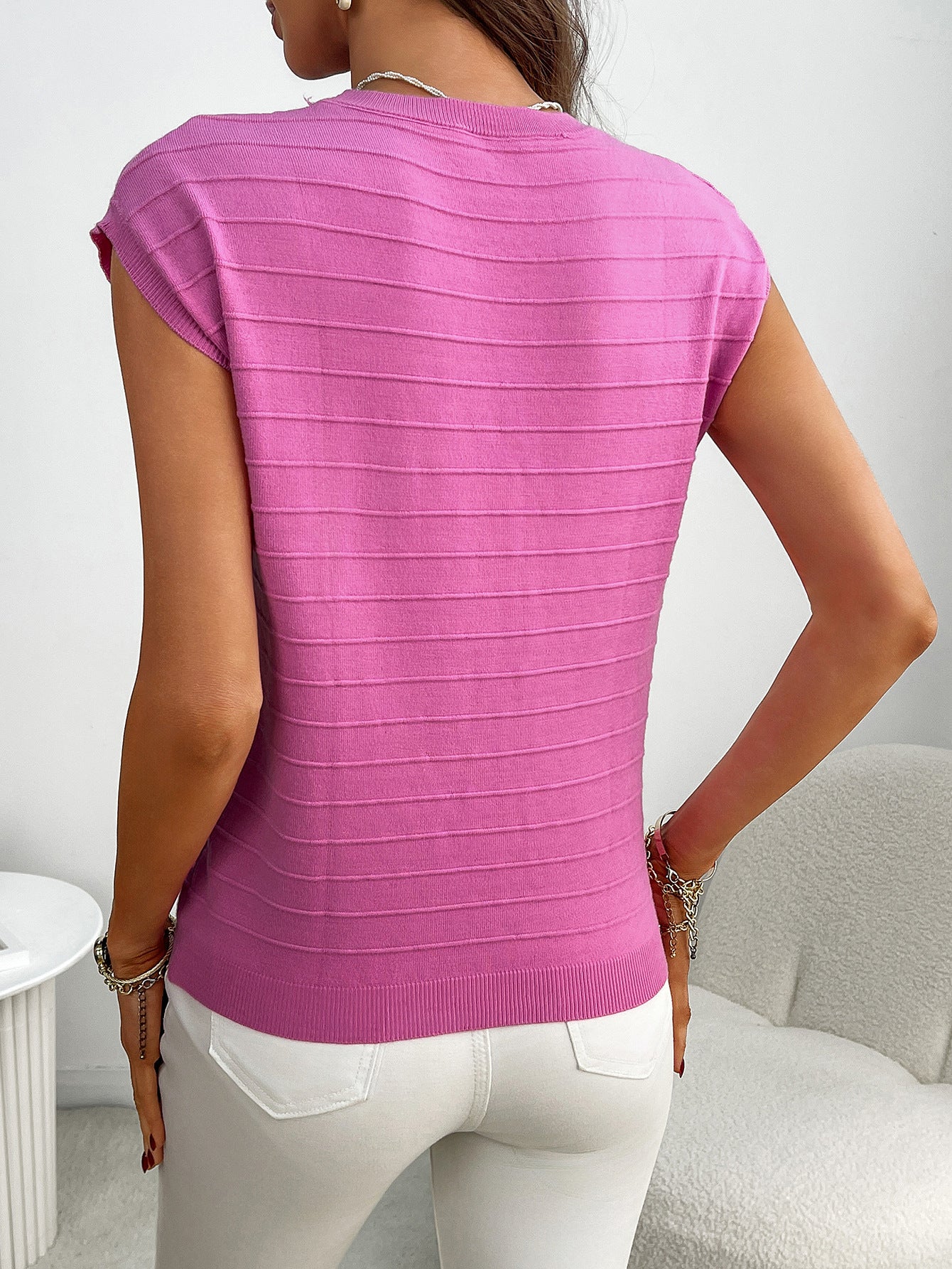 Summer Women Clothing Pullover Short Sleeve round Neck Striped Knitted Pocket Sweater