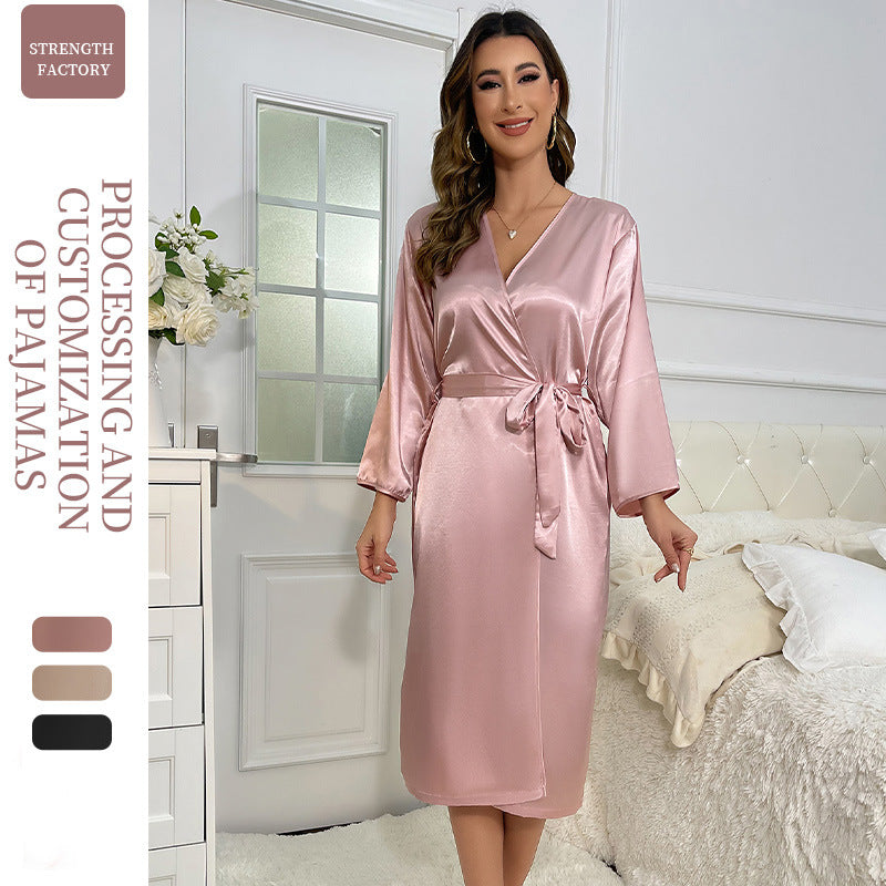 Autumn Winter Pajamas Women Bathroom Cardigan Lace Bathrobe Summer Thin Simple Long Ice Silk Robe