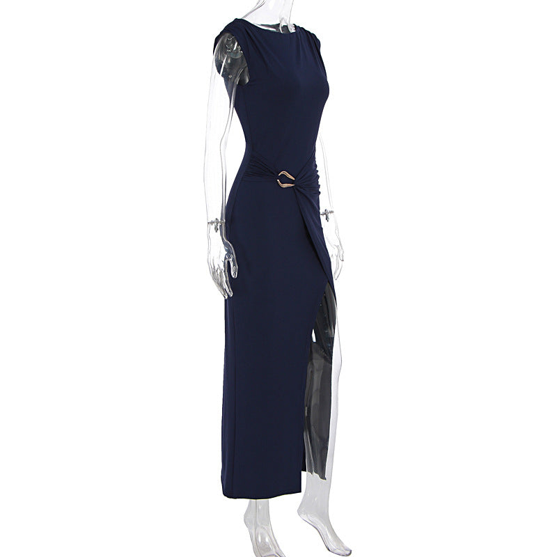 Summer Women Solid Color round Neck Slim Slimming Slit Dress