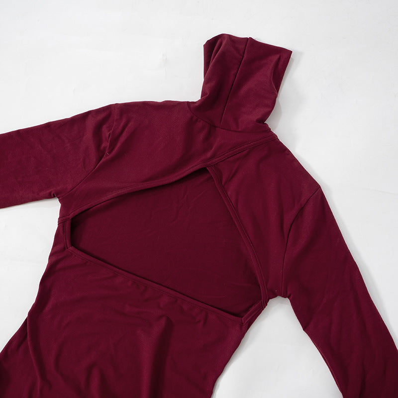 Women Sexy Slim Deep Cerise Hollow Out Cutout Split Mid Length Dress