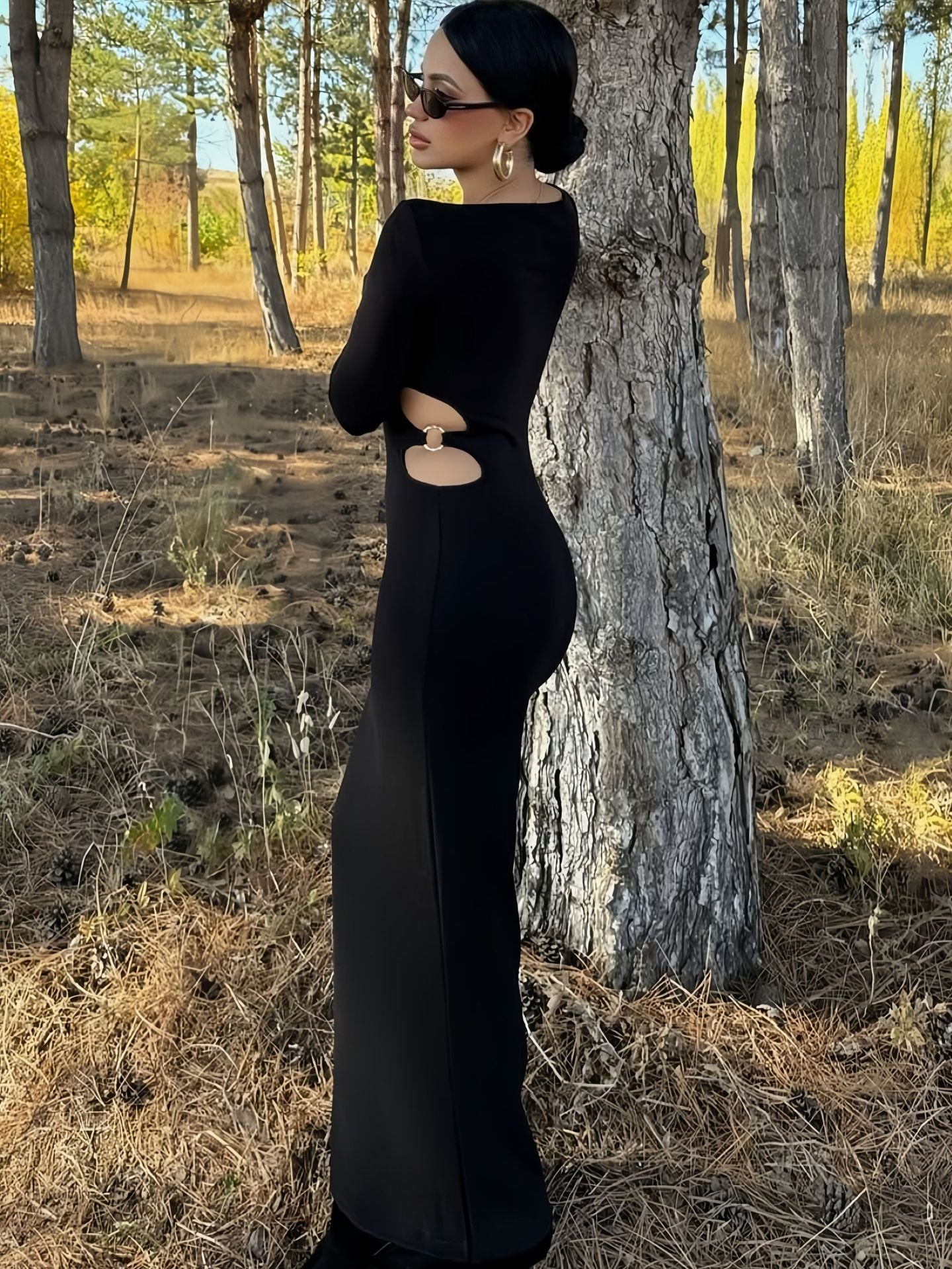 Women Clothing Sexy Hollow Out Cutout round Neck Autumn Long Sleeve Dress