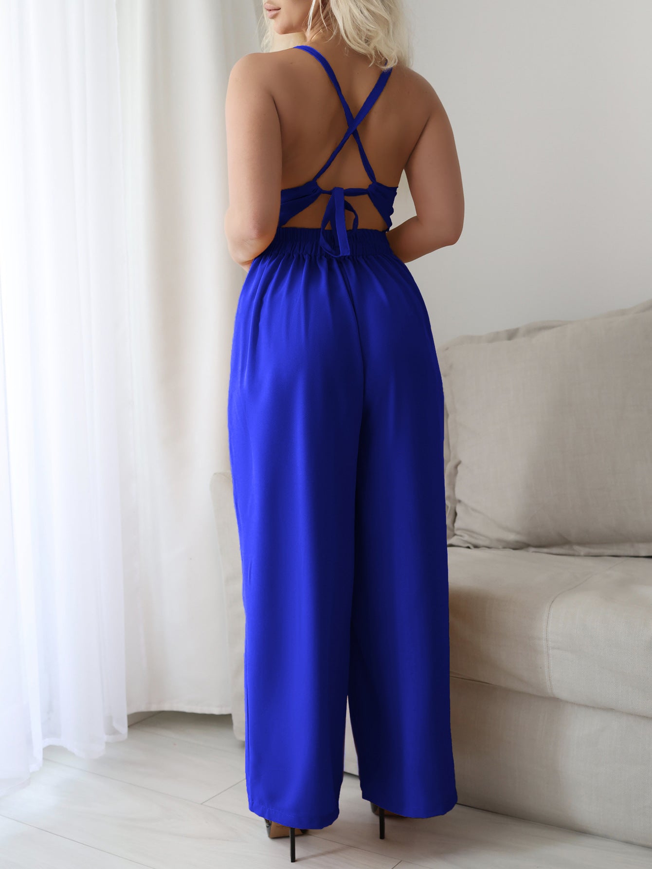 Spring Summer Casual Vacation Office Solid Color Sling Wide Leg Overalls Women Clothing