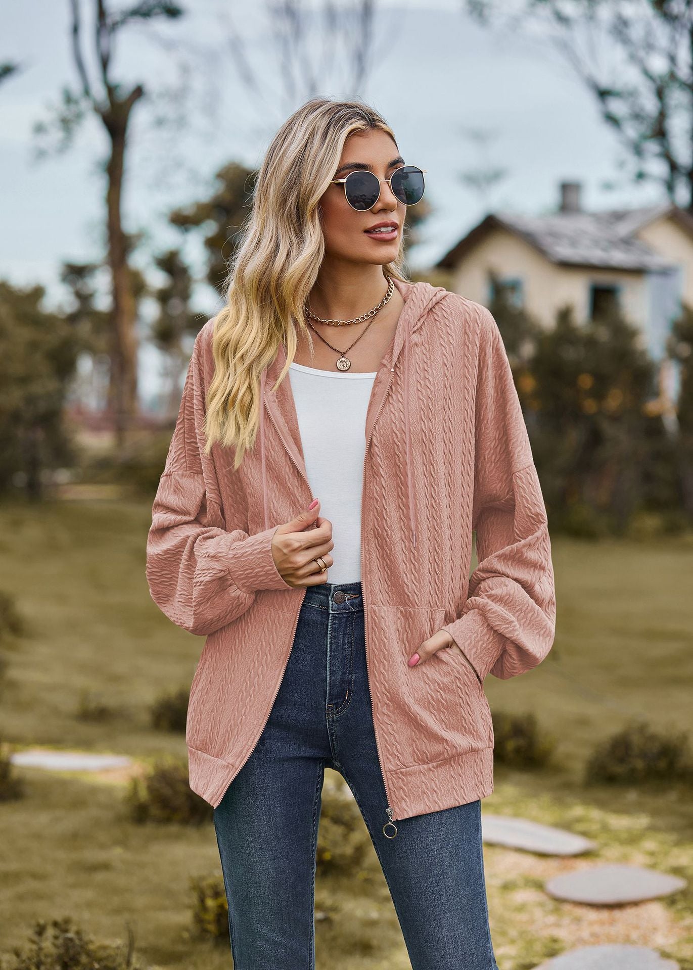 Autumn Winter Solid Color Pocket Long Sleeve Loose Hooded Sweatshirt Women Coat