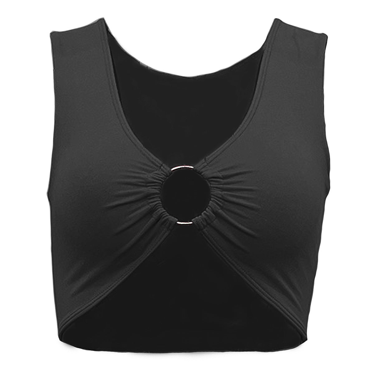 Women Summer Cropped V-neck Solid Color Small Top Metal Ring Hollow Out Cutout Backless Sexy Slim Vest